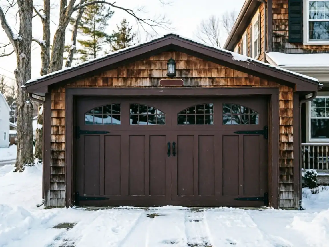 The brown garage door with windows is surrounded by snow.