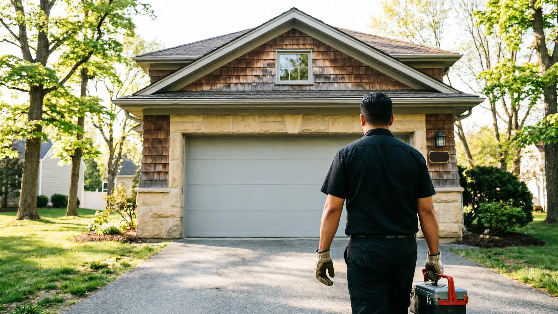 A technician carries a toolbox toward a house with a gray garage door.