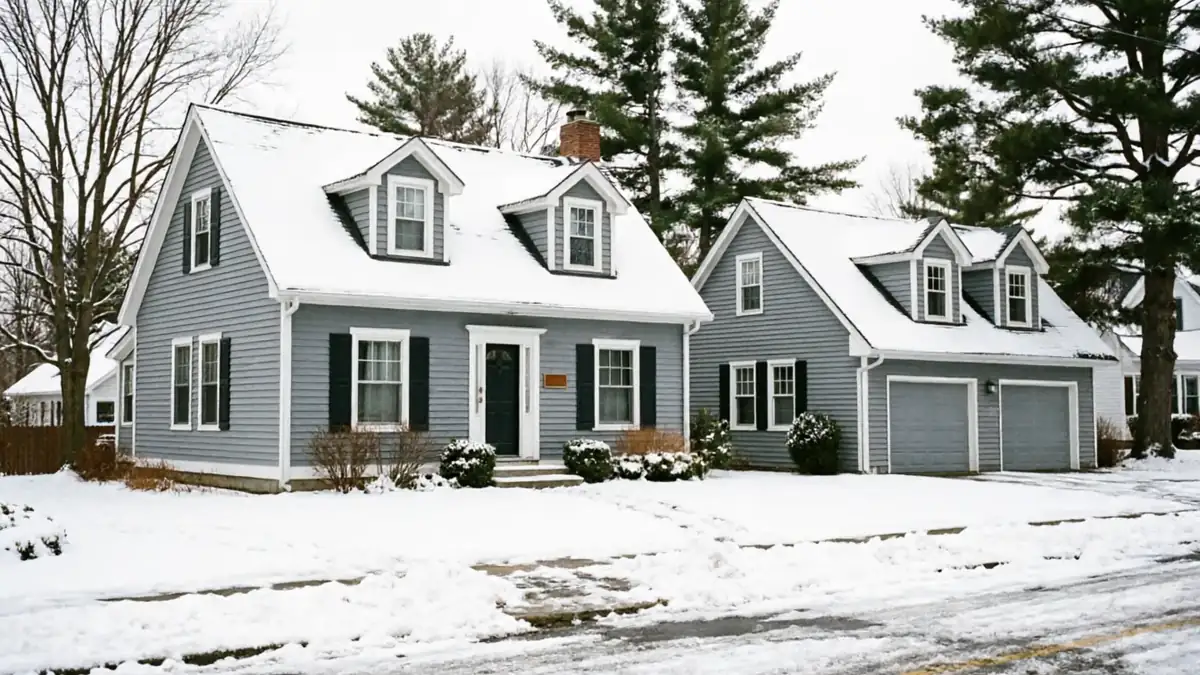 Two gray houses with snow-covered roofs and a two-car garage are visible in winter.