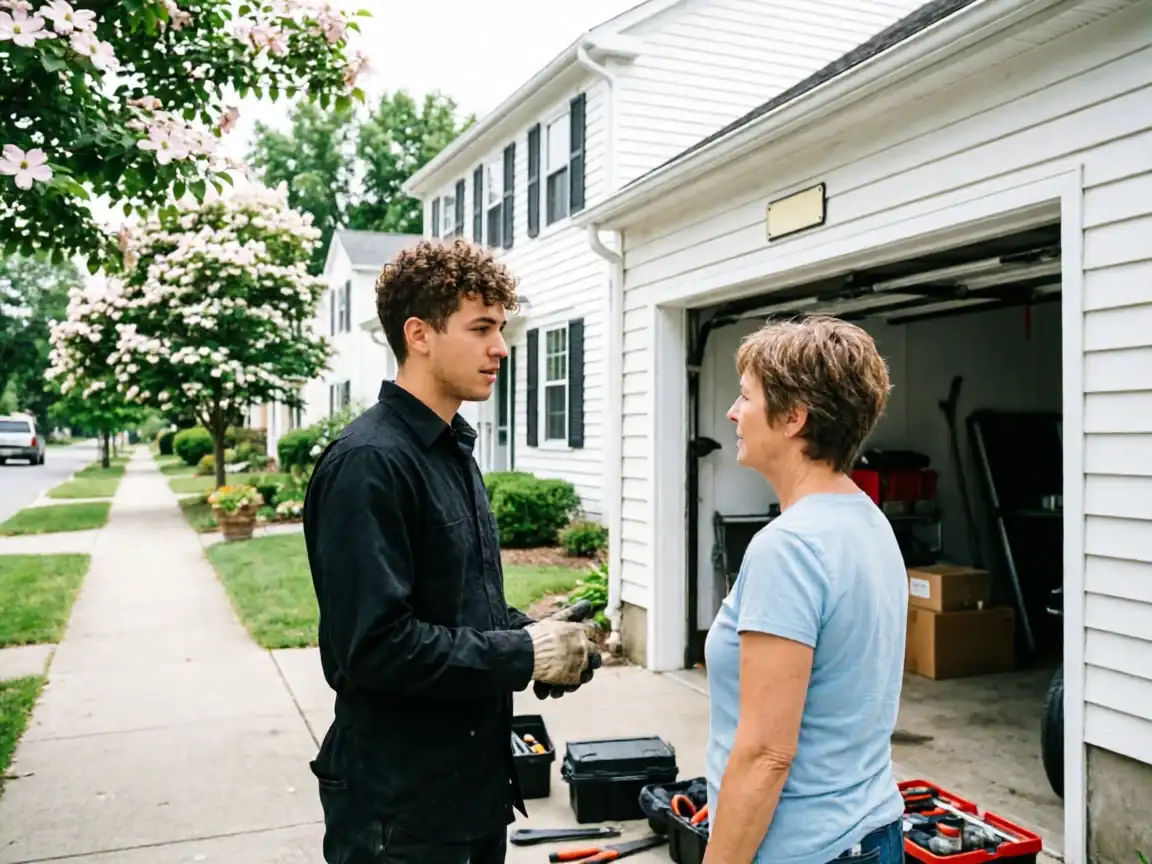 A technician talks to a woman in front of an open garage.
