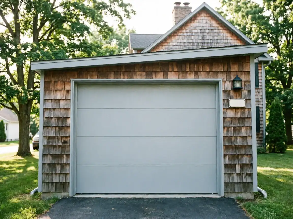 The gray garage door is on a cedar-shingled garage with a house behind it.