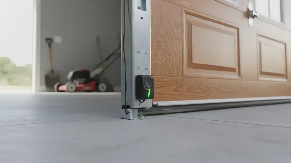 A black garage door sensor with a green light is mounted on a metal track.
