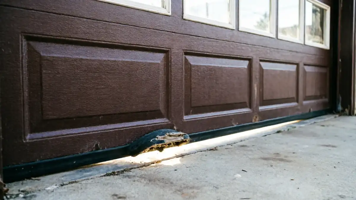 The brown garage door has a damaged bottom seal and a gap underneath.