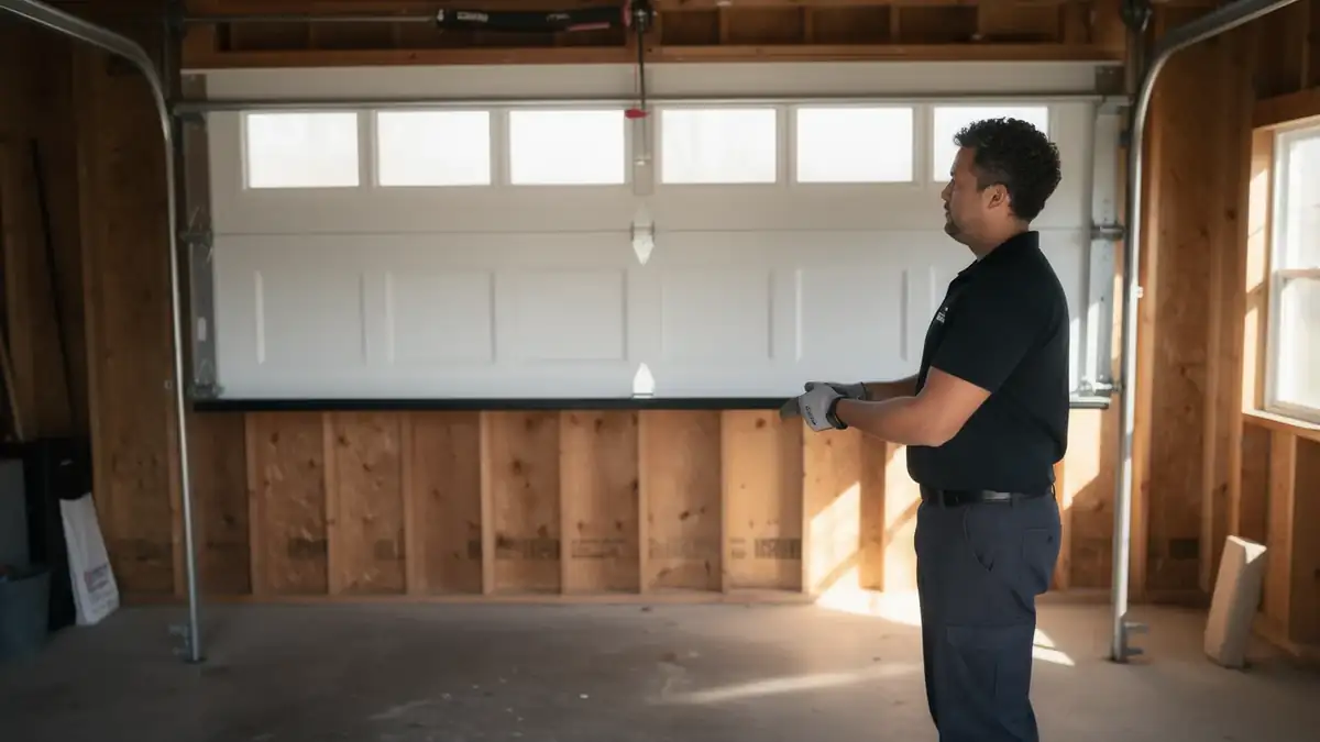 A technician stands in a garage with a white garage door.