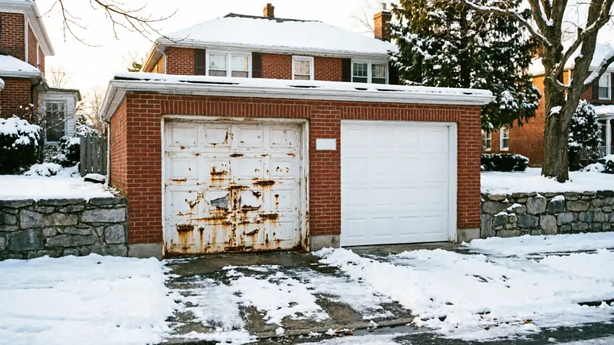 A brick garage has one rusty white garage door and one clean white garage door.