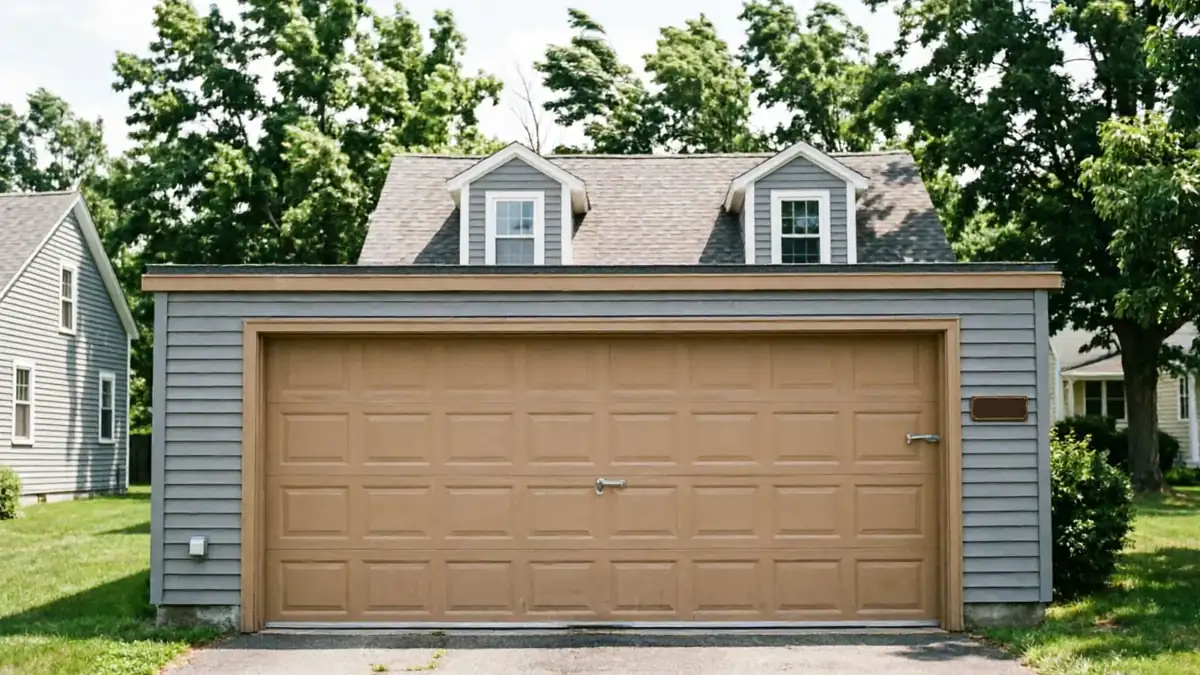 A brown garage door is on a gray garage with two dormers.