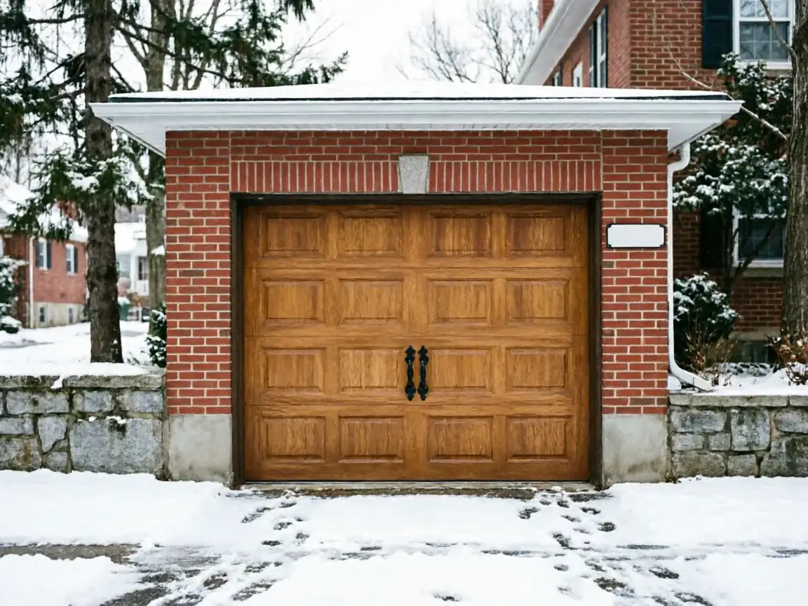 The wooden garage door is set in a red brick wall with snow on the ground.